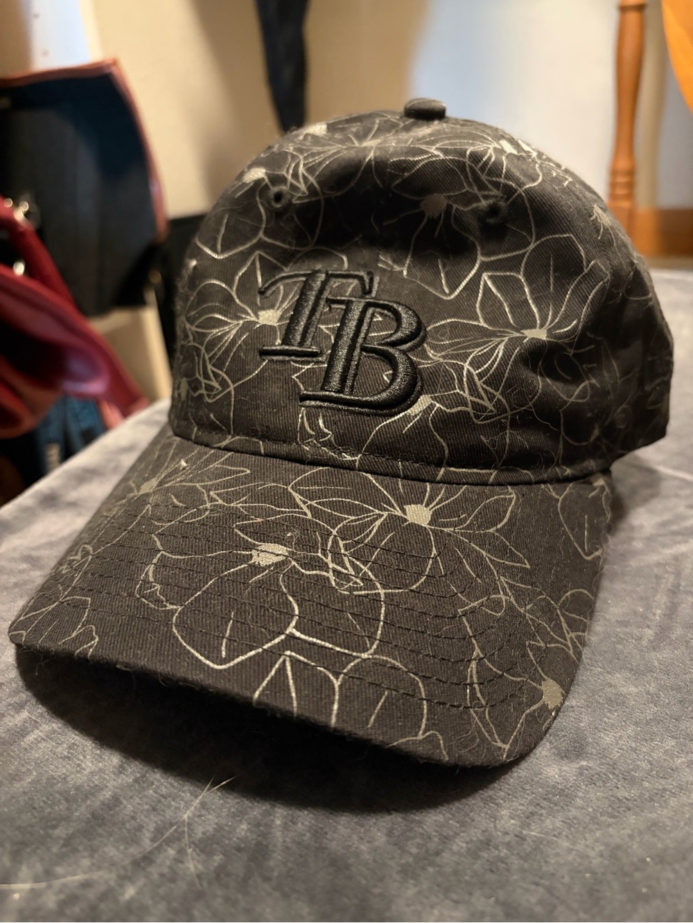 Embroidered Tampa Bay Rays Logo Floral Baseball Cap - Black with Gray Flowers